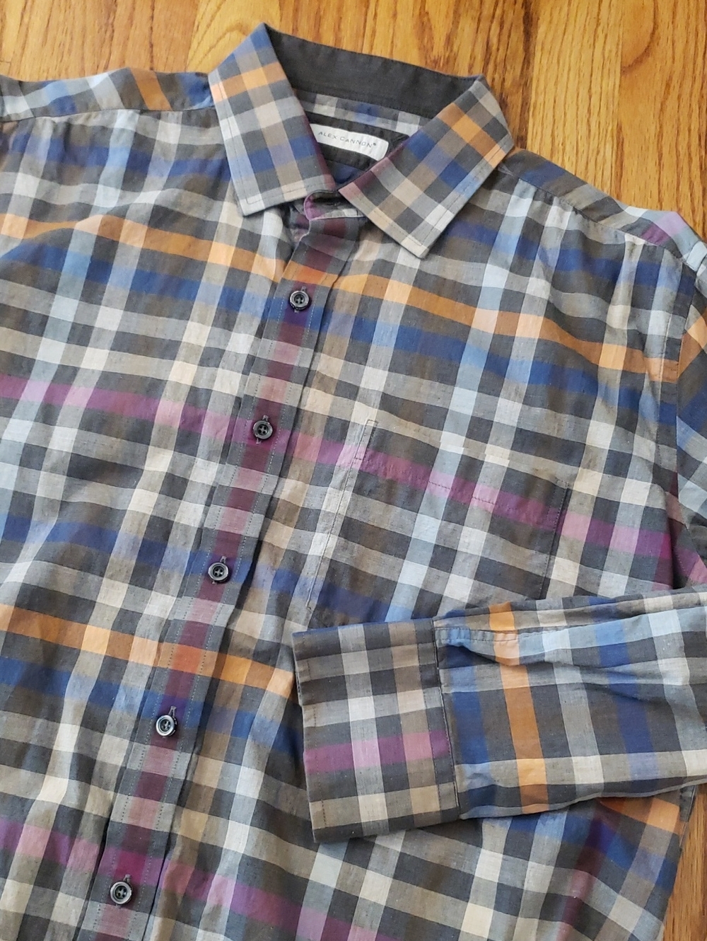 Alex Cannon Men's Plaid Shirt - Gray W/ Blue, Orange, Purple Size: L
